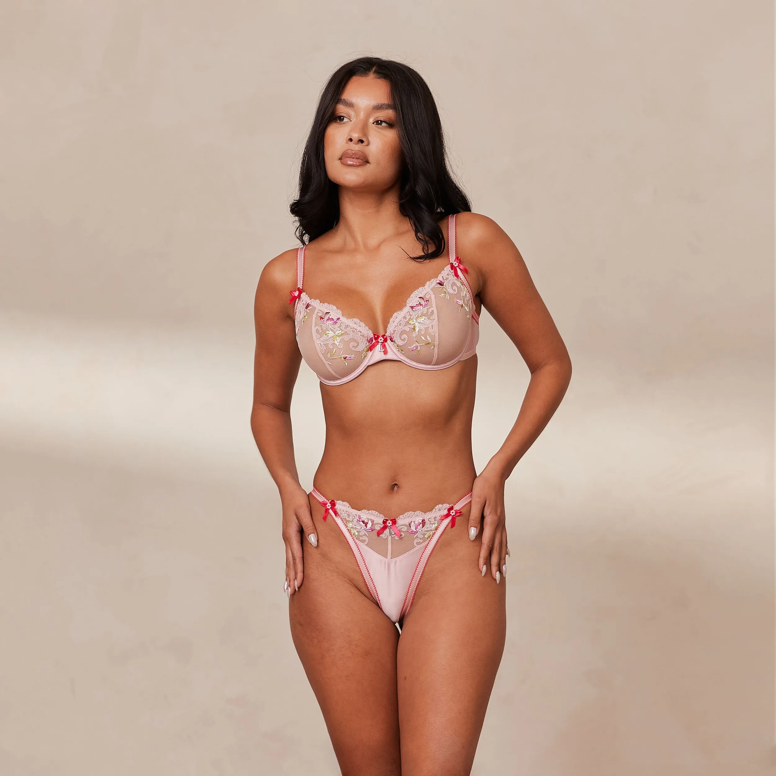 Bloom Embroidered Balcony Bra  - Pink