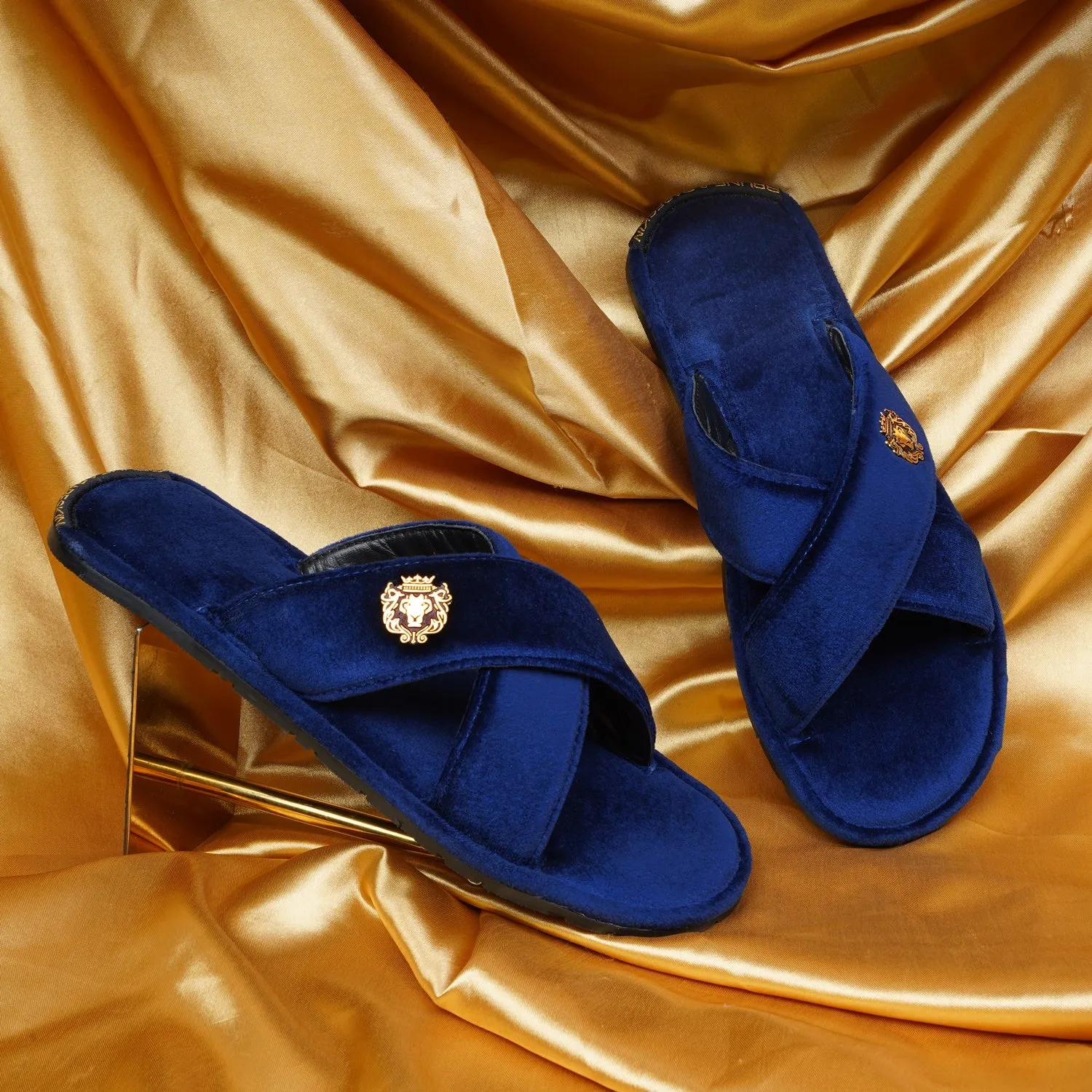 Blue Cross Straps Comfy Velvet Slide-in Slippers By Brune & Bareskin