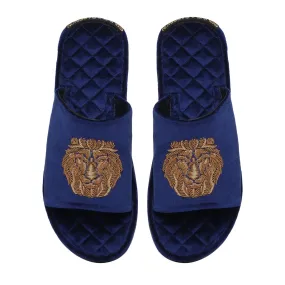 Blue Quilted Base Lion Zardosi Men Velvet Slide In Slippers By Brune & Bareskin