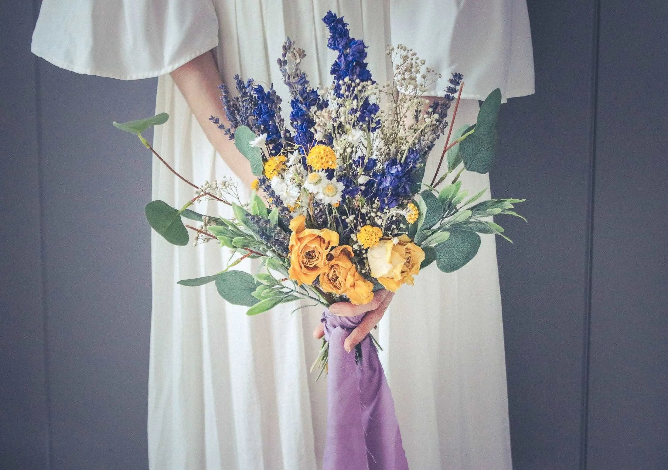 Colourful Dried & Artificial Flowers Bridal Bouquet - Light Green & Yellow