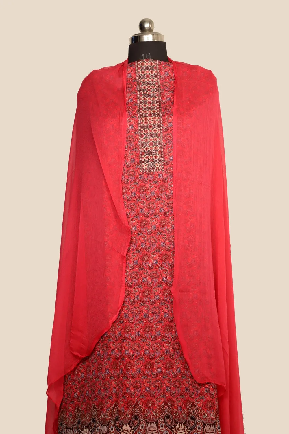 Dark pink Colour Cotton Kani Printer Unstitched Suit Fabric With Dupatta