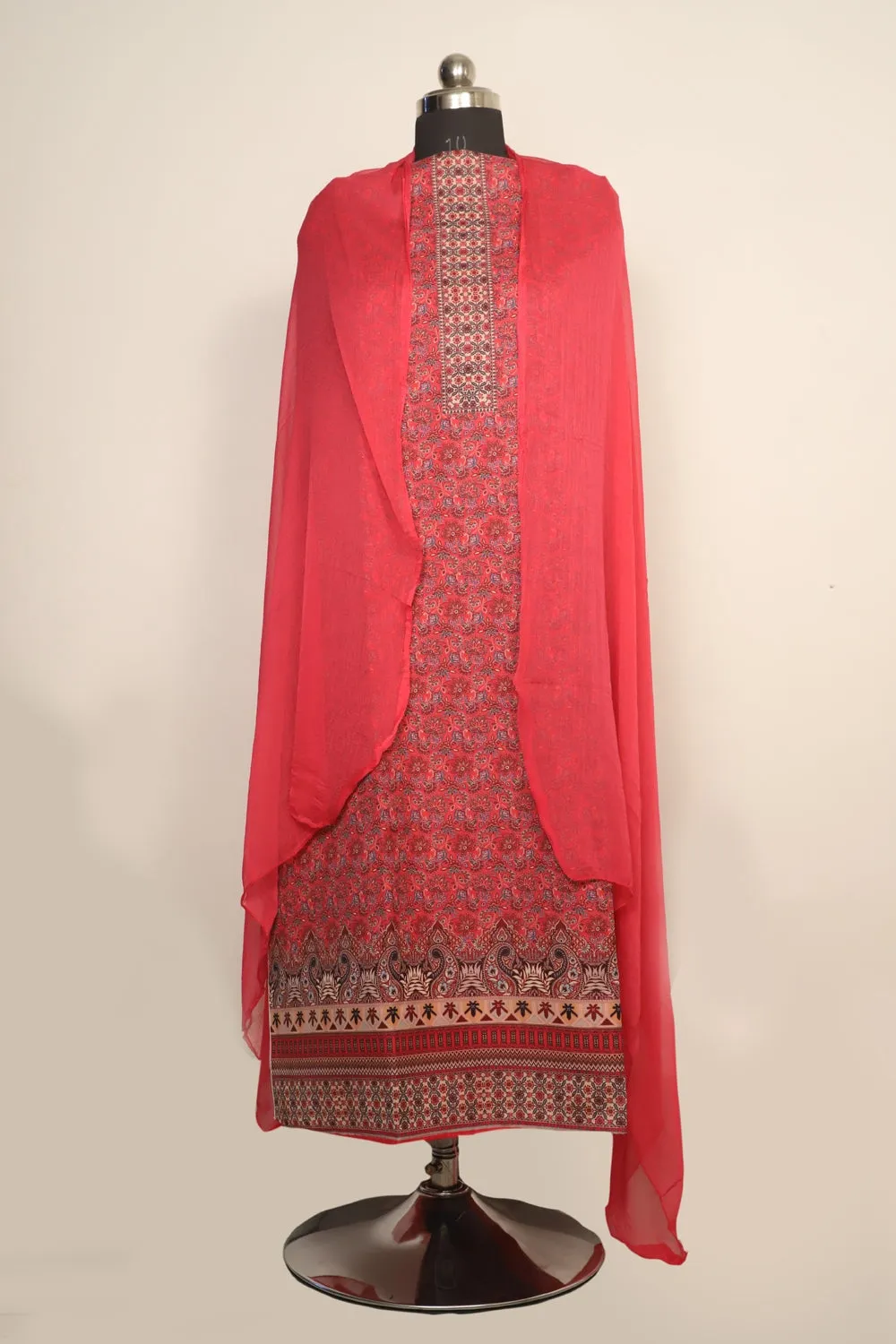 Dark pink Colour Cotton Kani Printer Unstitched Suit Fabric With Dupatta