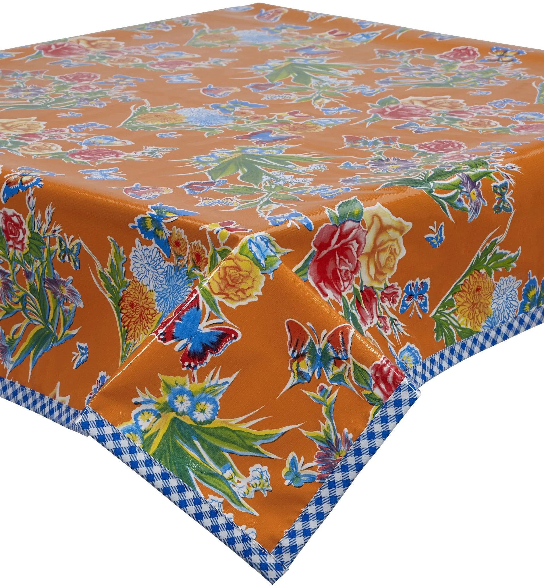 Edgar's Butterfly Orange Oilcloth Tablecloth with Blue Gingham Trim