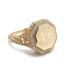 Gold Octagon CZ Filigree Monogram Ring