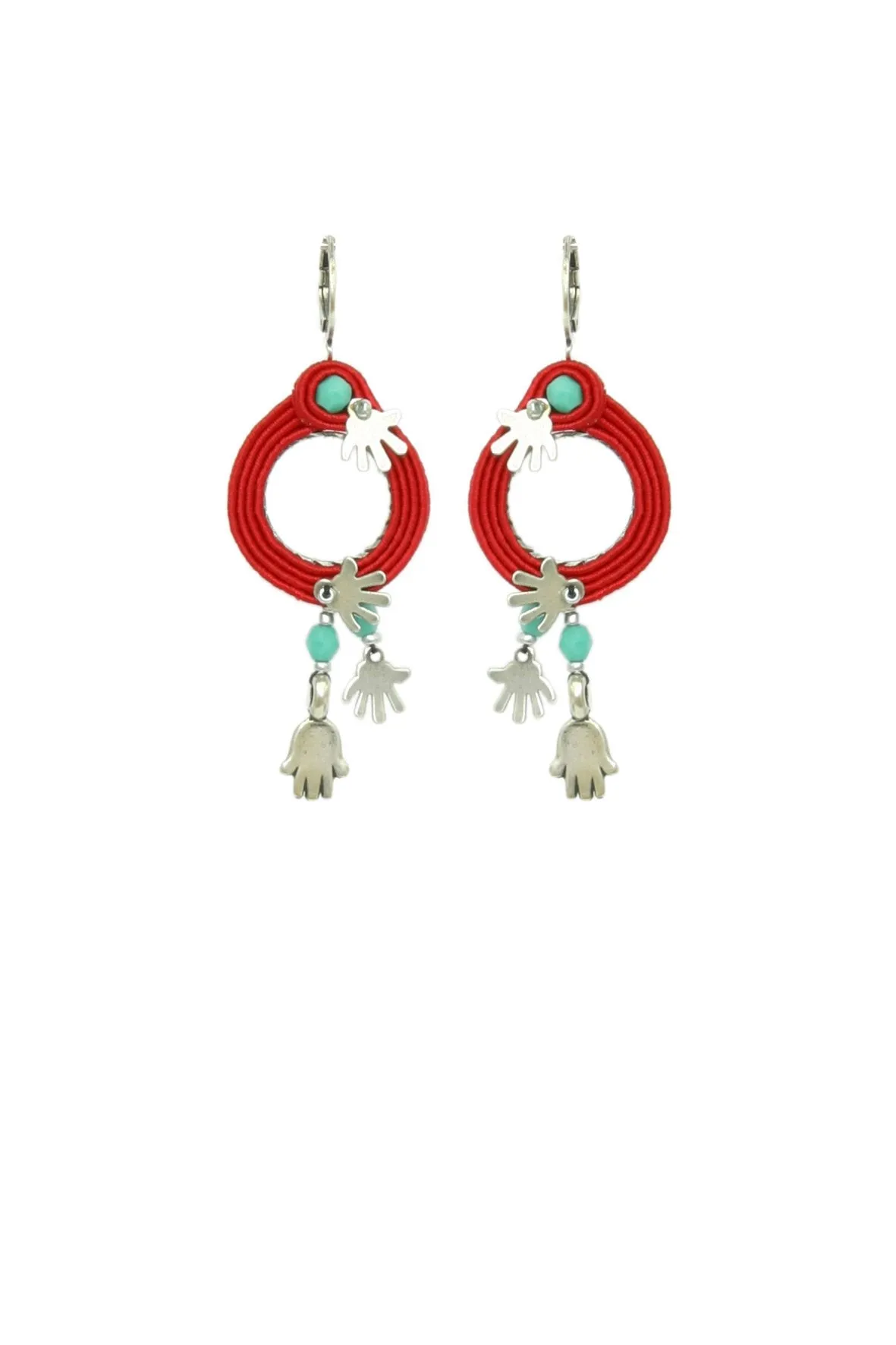 Hamsa Red String Hoop Earrings, Silver Hands