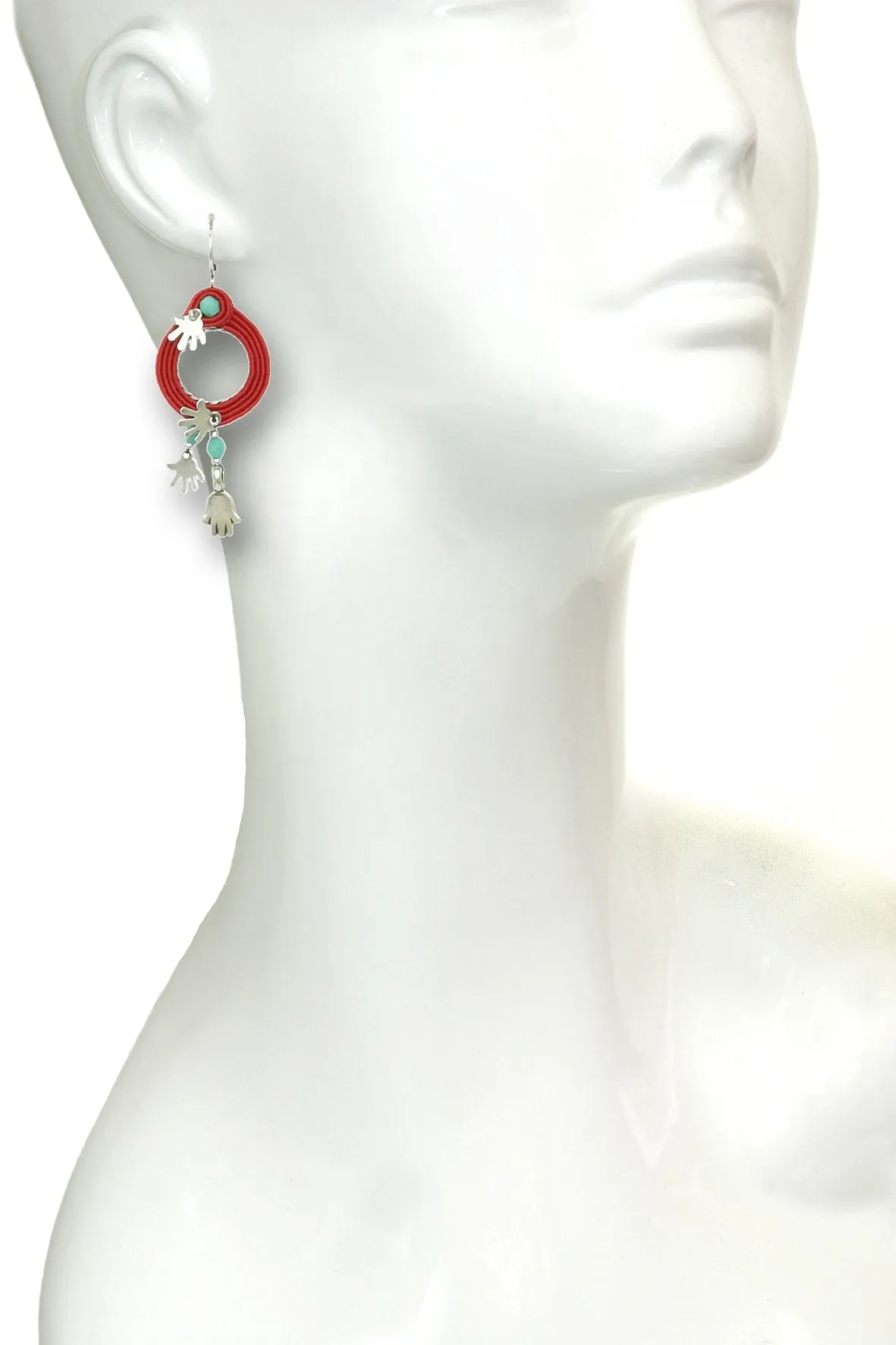 Hamsa Red String Hoop Earrings, Silver Hands