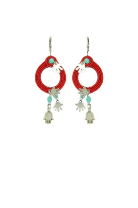 Hamsa Red String Hoop Earrings, Silver Hands