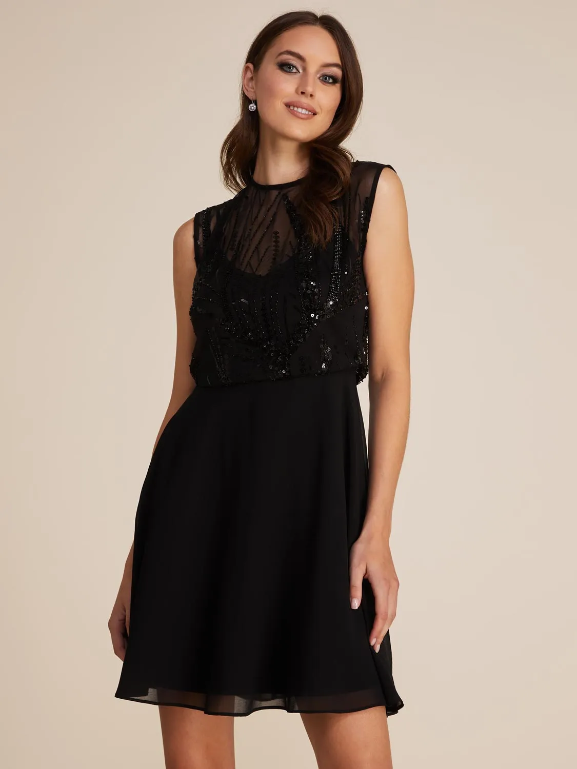 Illusion Sequin Mini Fit & Flare Dress