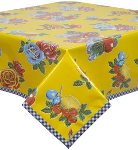 Lemons and Roses Yellow Oilcloth Tablecloth with Navy Gingham Trim