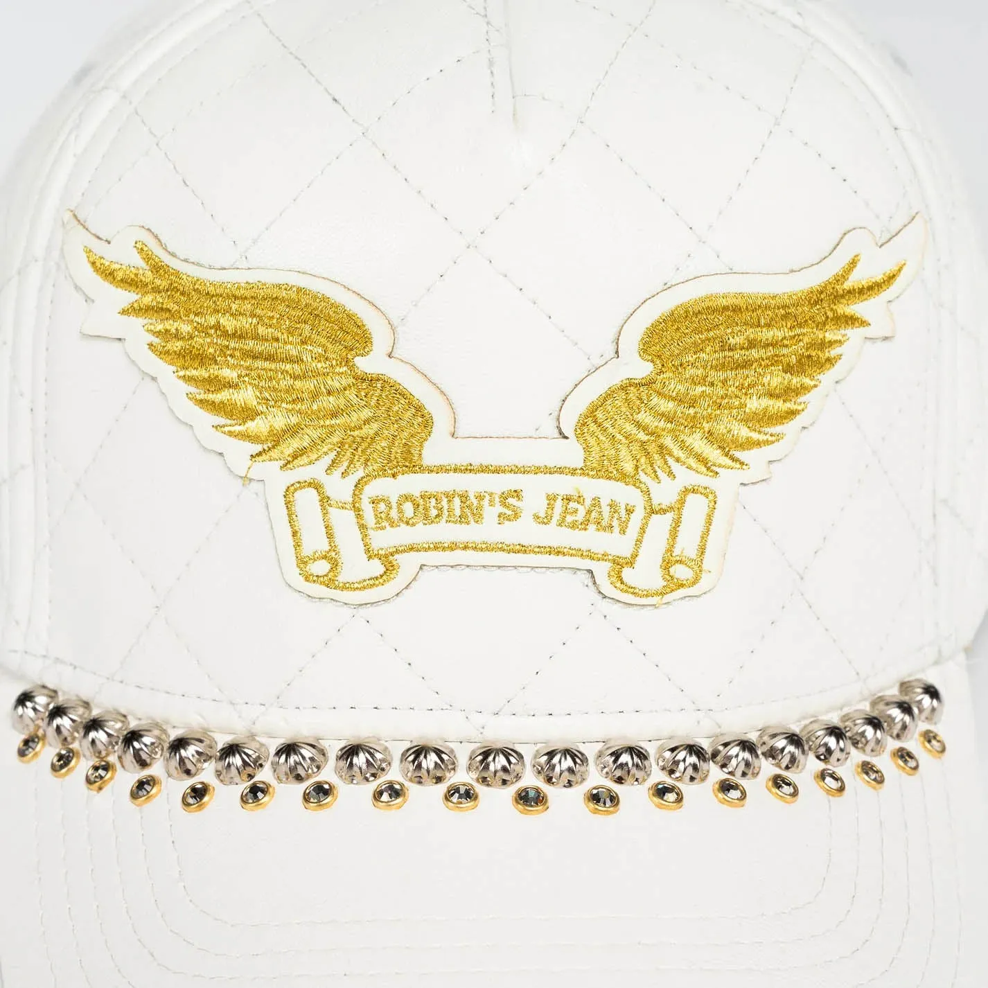 ROBINS LEATHER QUILTED CAP WITH GOLD WINGS STUDS AND CRYSTALS IN WHITE