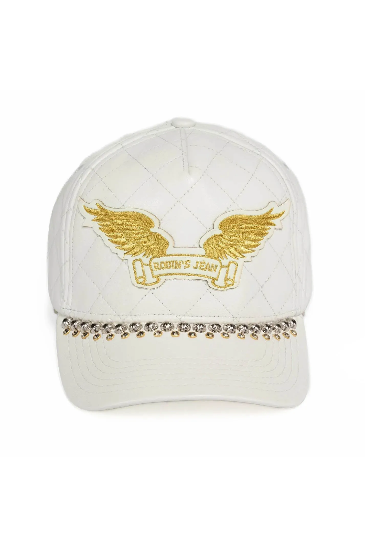 ROBINS LEATHER QUILTED CAP WITH GOLD WINGS STUDS AND CRYSTALS IN WHITE