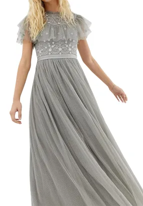 Silver Floral Embroidered Dotted Tulle Maxi Dress