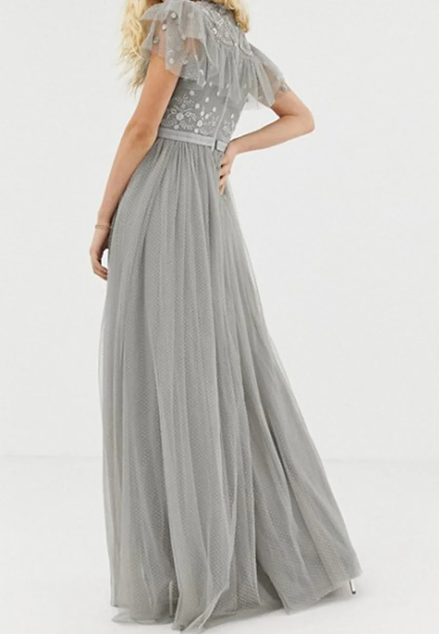 Silver Floral Embroidered Dotted Tulle Maxi Dress