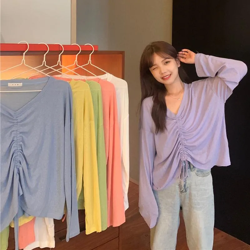 Women's Cute Candy Color Drawstring Loose Shirts